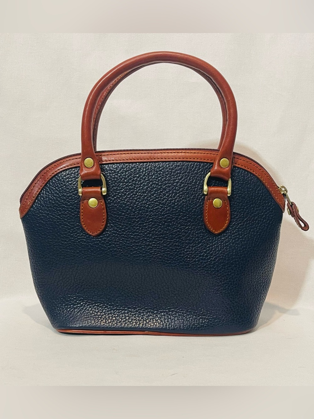 Vintage Liz Claiborne Pebbled Leather Two Tone Satchel Purse Navy Tan - Picture 5 of 10